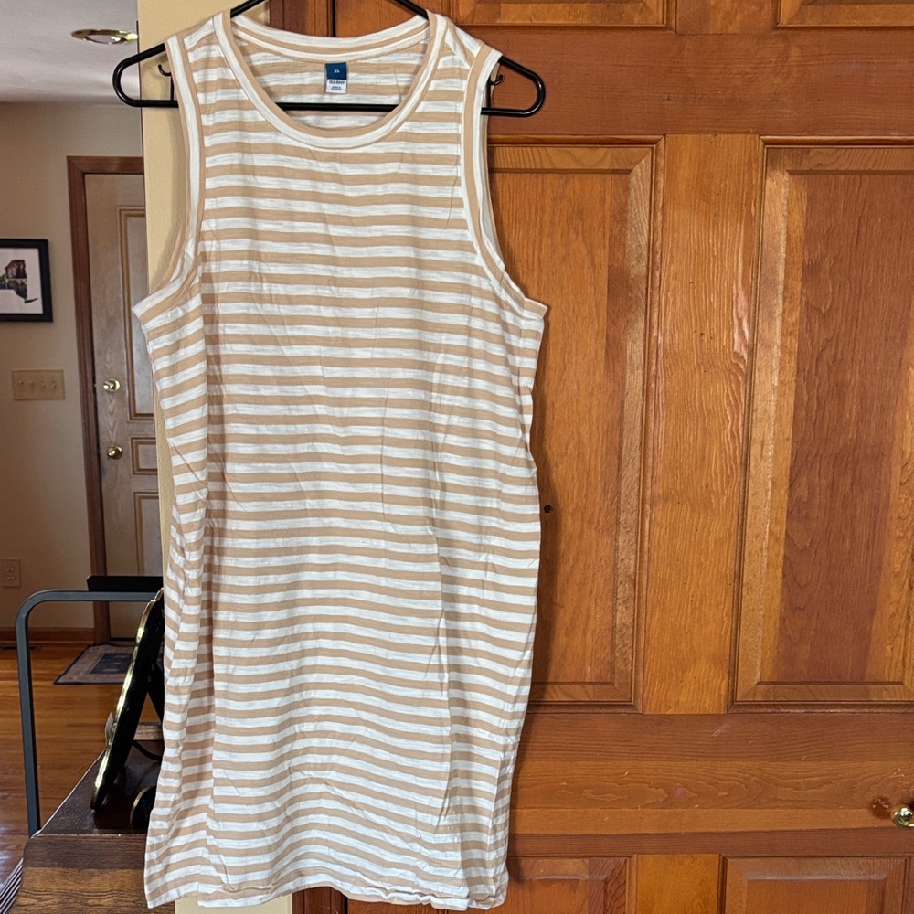 Old Navy Tan and White Striped Tank T Shirt Dress